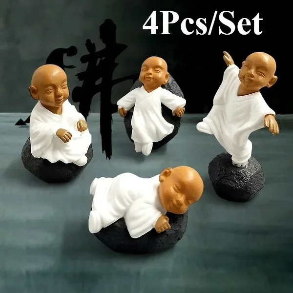 Furniture Resin Crafts Figurines Garden Decoration 4 Pieces Chinese Buddhist Monk Miniature Bonsai Garden Home Decor Accessories