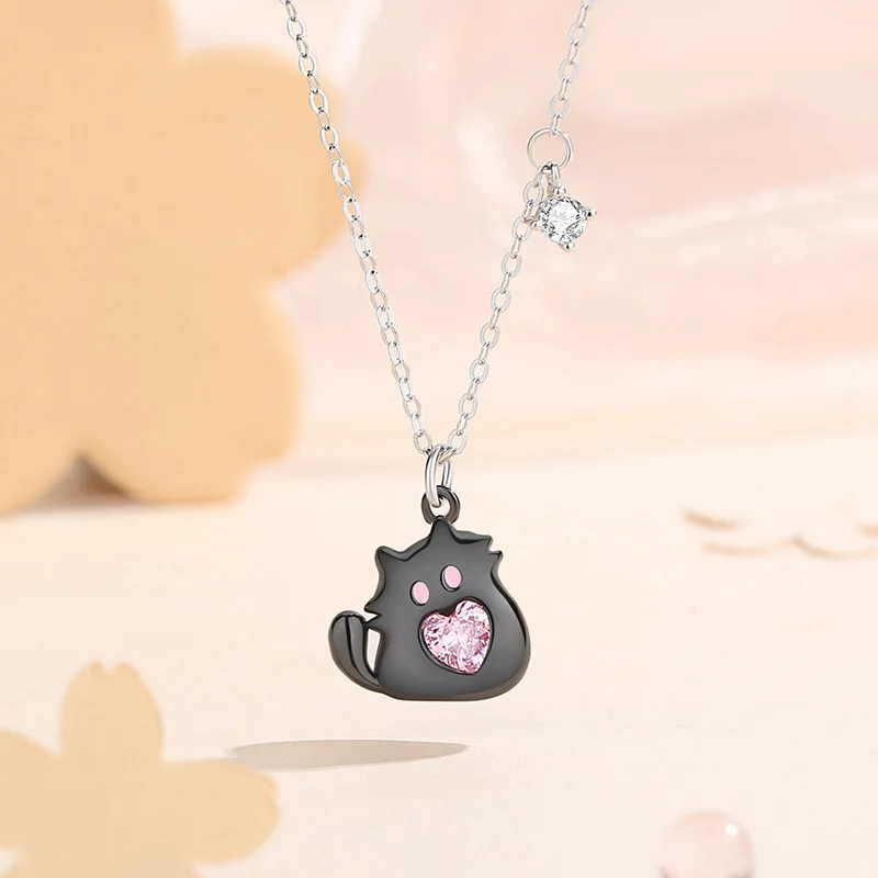 European Sparkling S925 Sterling silver Pink AAA CZ Black Cat Jewelry Set Necklace Earrings Bracelet for Women Birthday Gift jewelry set silver jewelry silver jewelry set