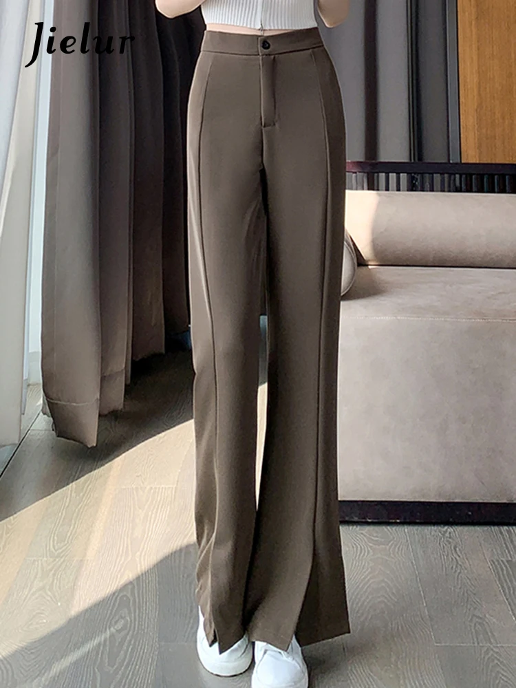 

Jielur Split High Waist Summer Simple Women's Suit Pants Office Ladies Solid Color Loose Fashion Female Causal Wide Leg Pants