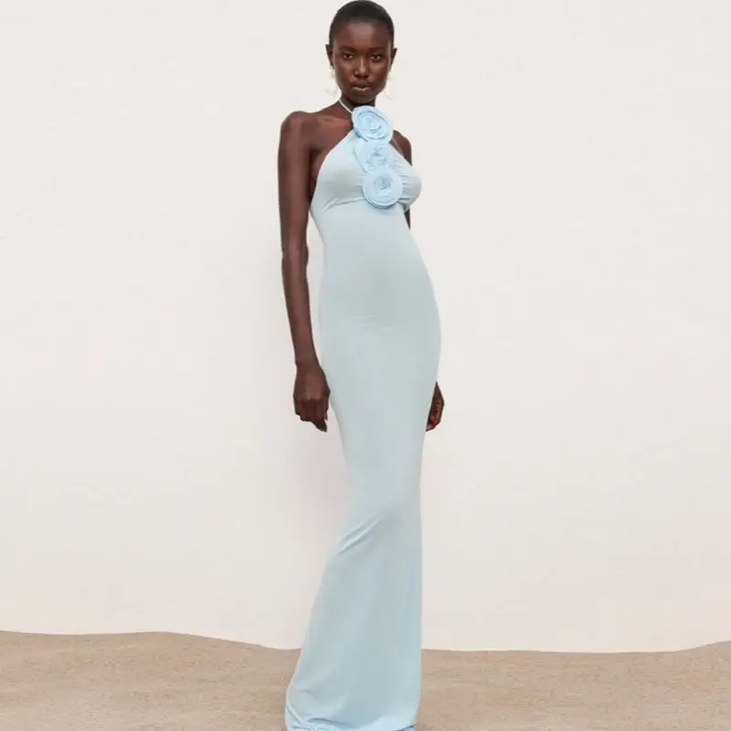 

Light Blue Spandex Bodycon Dress Floor Length Open Back Elegant Prom Dresses For Women Tie Flowers Woman Clothing Custom Made