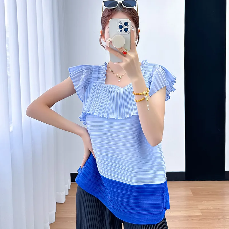 

Женский плиссированный топ Miyake, летняя милая и удобная футболка с квадратным вырезом и рукавами-фонариками, 2024
