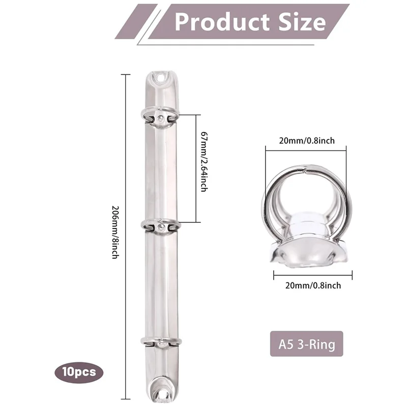 10Pcs A5 노트북 3 링 바인더 메커니즘 편지 크기 구멍 20Mm 금속 루스 리프 바인더 척추 빗
