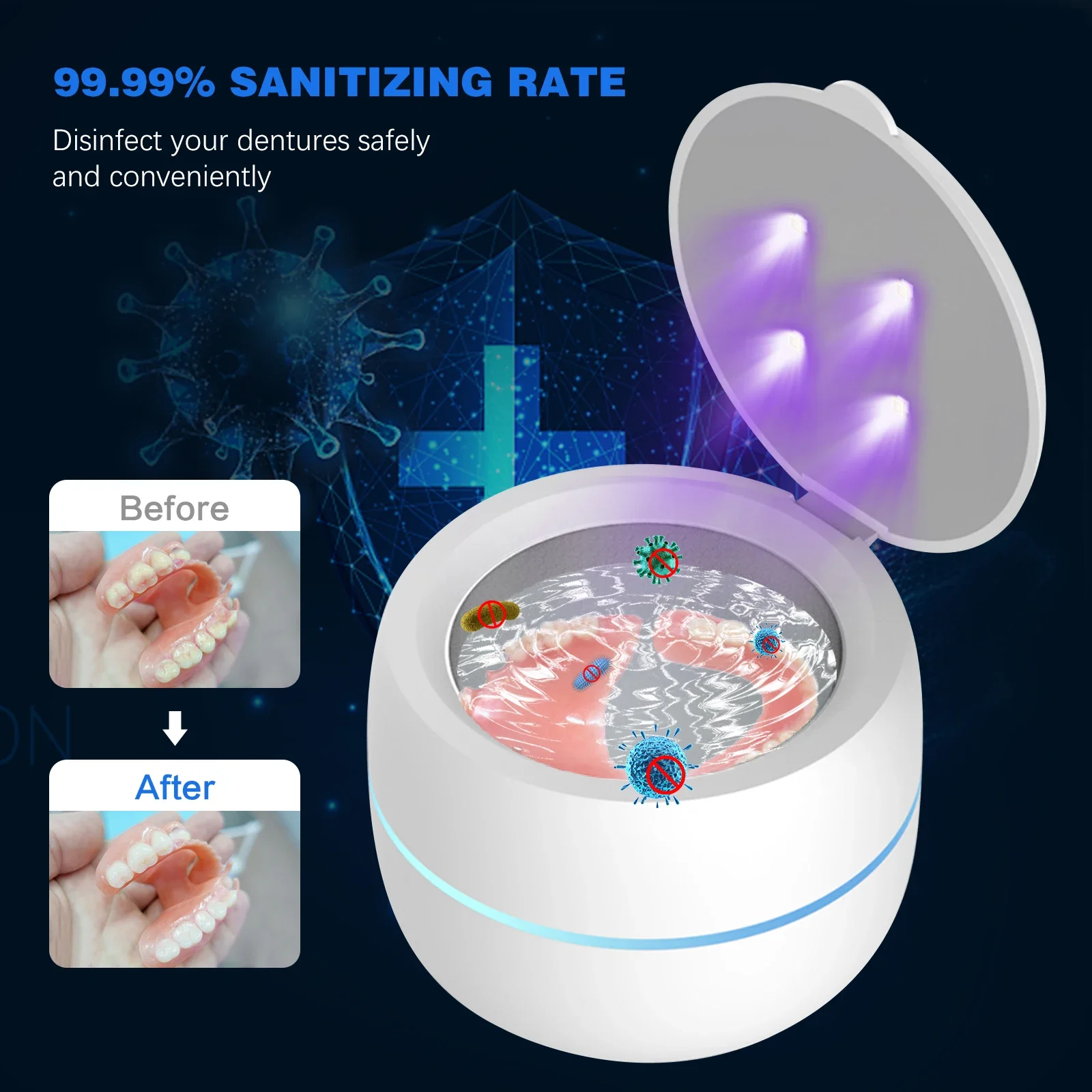 가정용 초음파 UV 클리너 치과 보조 틀니 목욕 맥동 청소 키트, 쥬얼리 가짜 치아 교정기 리테이너