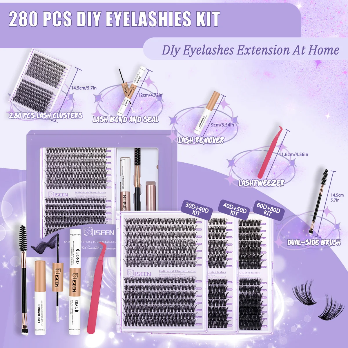 280pcs DIY Cluster Eyelash Extensions Kit D Curl Mixed Length Handmade Individual Lashes Bond Seal Remover Tweezers Brush fake eyelashes lash extension kit eyelash set brow and lash kit