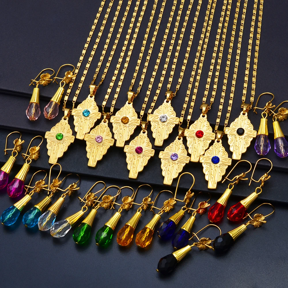 Jewelry Sets Jewelry Set Women Earrings Chain Necklace Hawaiian Bead Ball Jewelry sets Cross Pendant Necklaces Colored Crystal Earrings Guam Micronesia Chuuk Pohnpei #253006