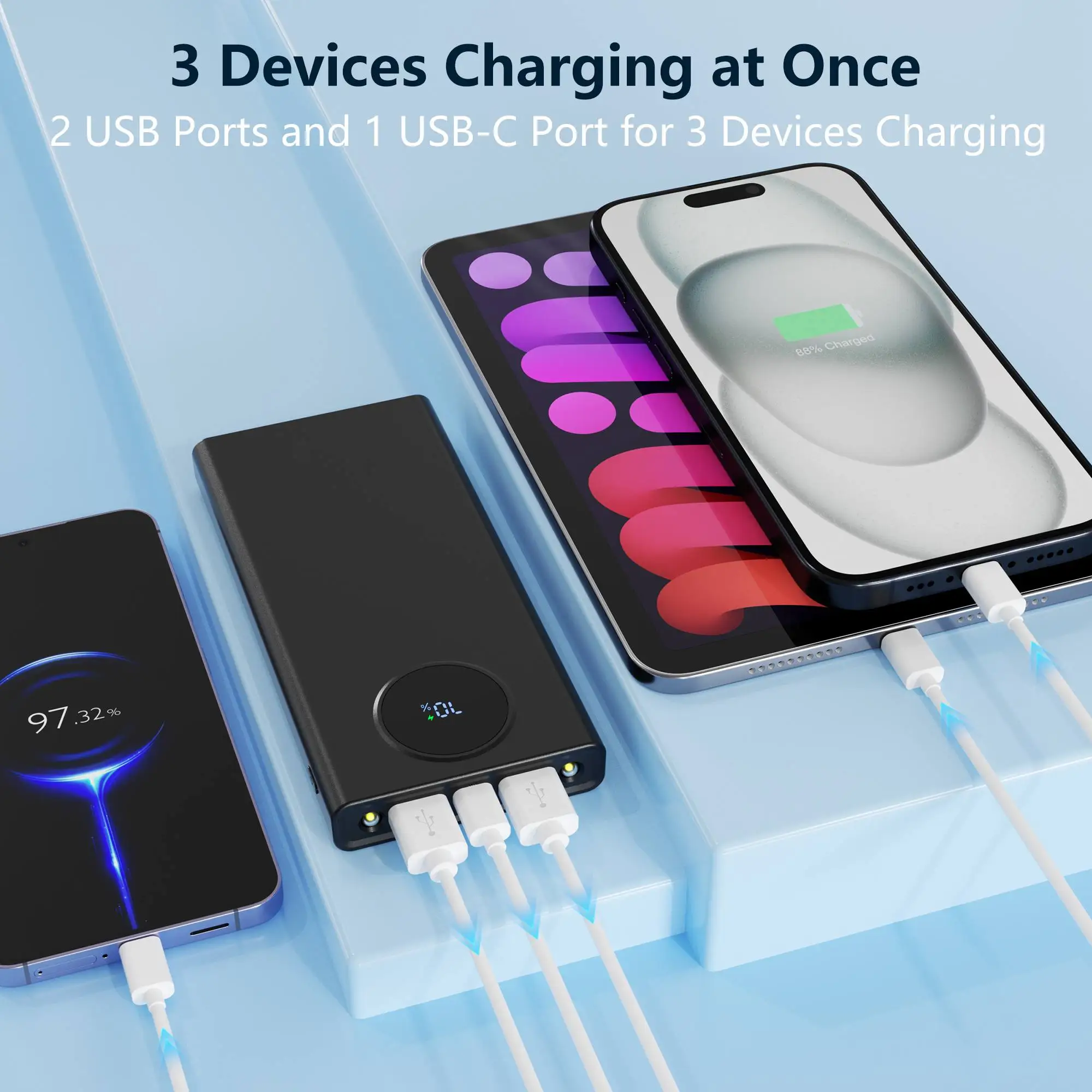 Portable Charger 10000mAh PD 22.5W Power Bank, Slim Battery Pack with 3 Outputs 2 Inputs with LED Display for USB Devices. 2