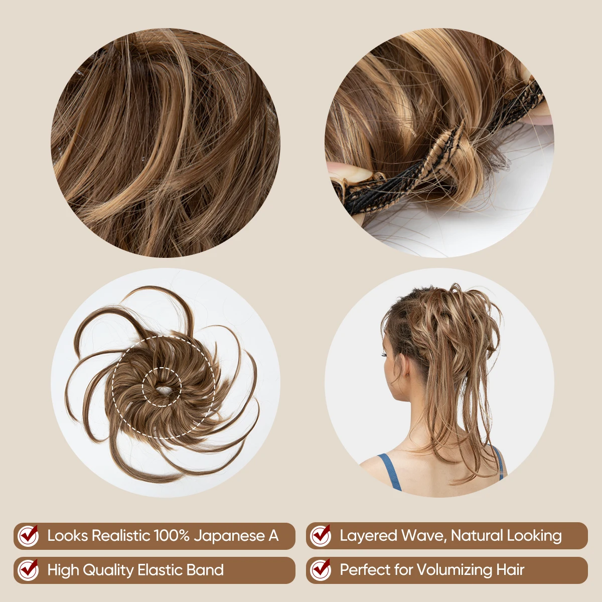 Synthetic Elastic Curly Messy Bun Hairpiece Scrunchie - Black, Blonde, Brown Natural Faux Hair Chignon Band Updo