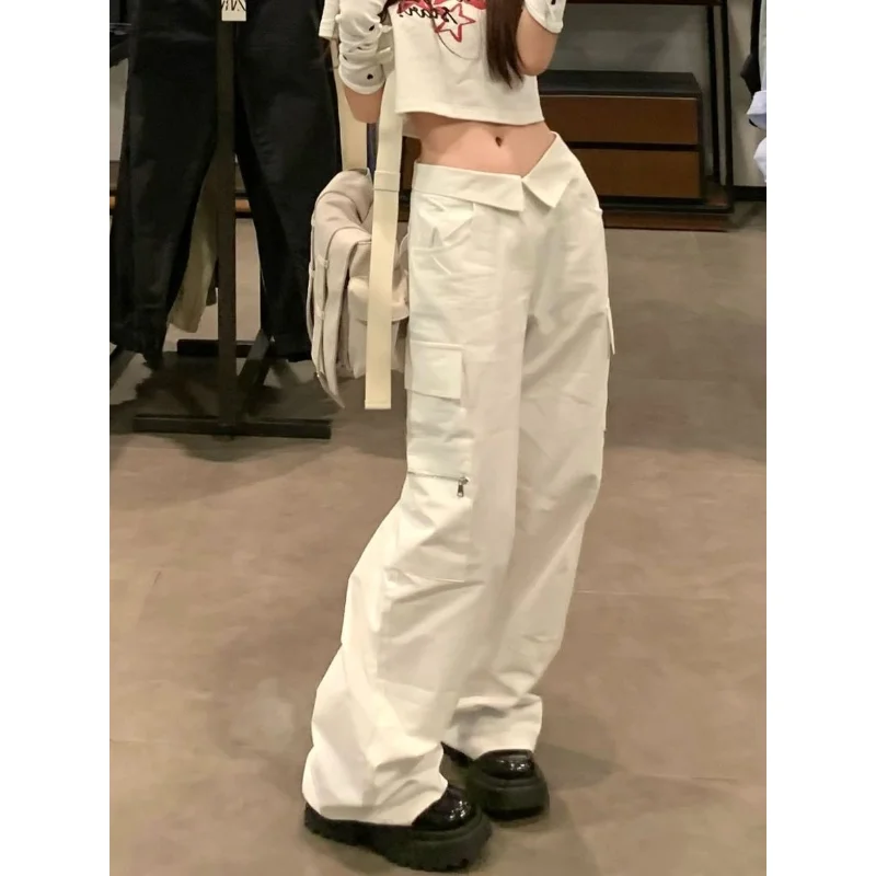 Deeptown Y2k Streetwear White Cargo Pants Women Hippie Oversize Jogger Korean Style Wide Leg Trousers Harajuku Fashion Kpop Girl houzhou blue cargo jeans women y2k vintage oversize wide leg denim pants harajuku 90s streetwear baggy trousers hippie pantalons