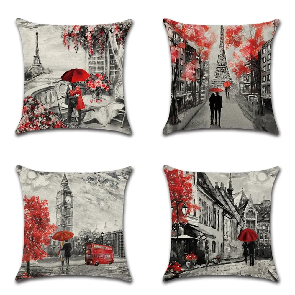 Cushion Cover 45x45cm Throw Pillow Covers Black & Red Paris Eiffel Tower Couple Red City Landscape Decorative Pillow Cases