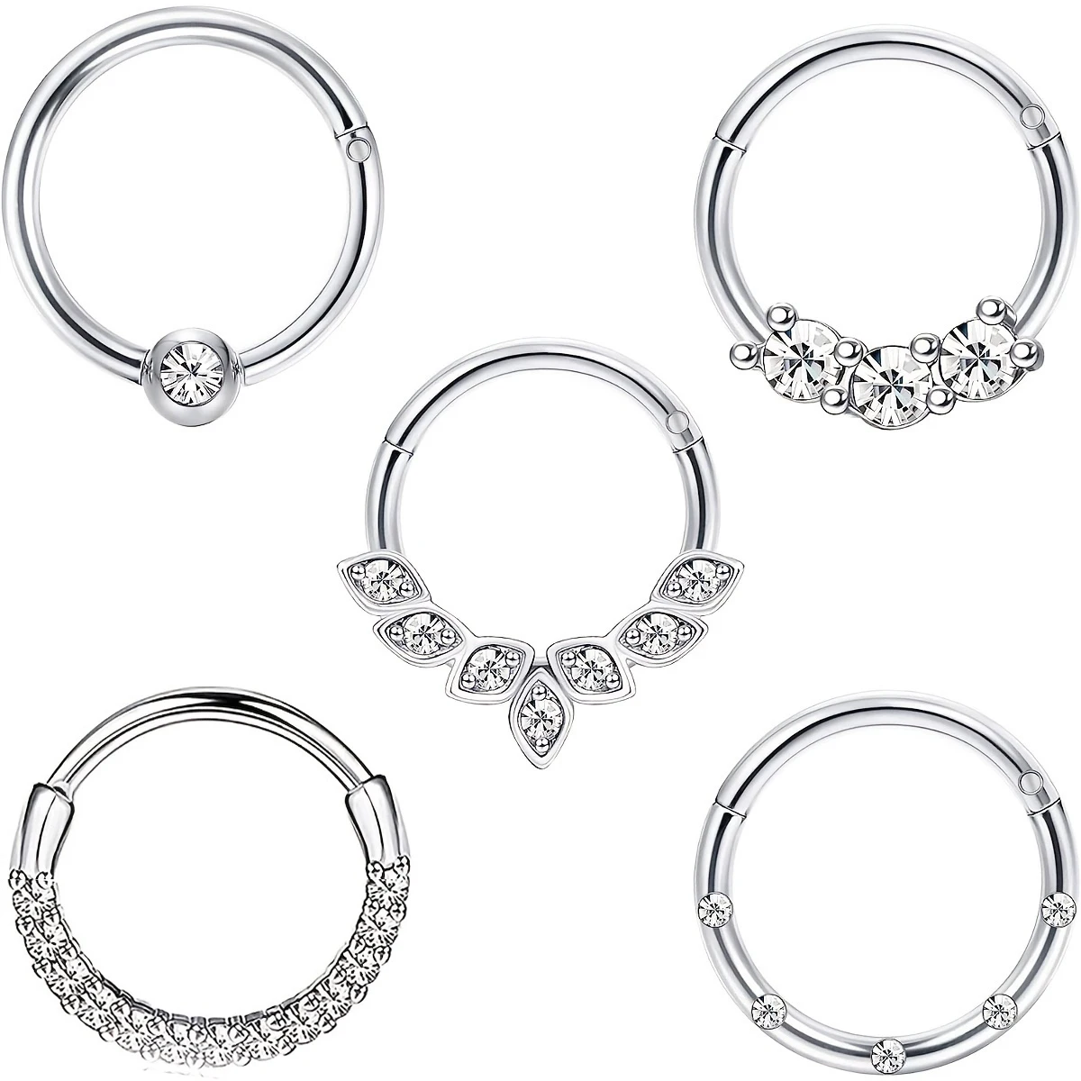 

1-5pcs 16G Fashion 316L Stainless Steel CZ Hinged Septum Clicker Nose Hoop Rings,Daith Helix Tragus Cartilage Piercing Jewelry