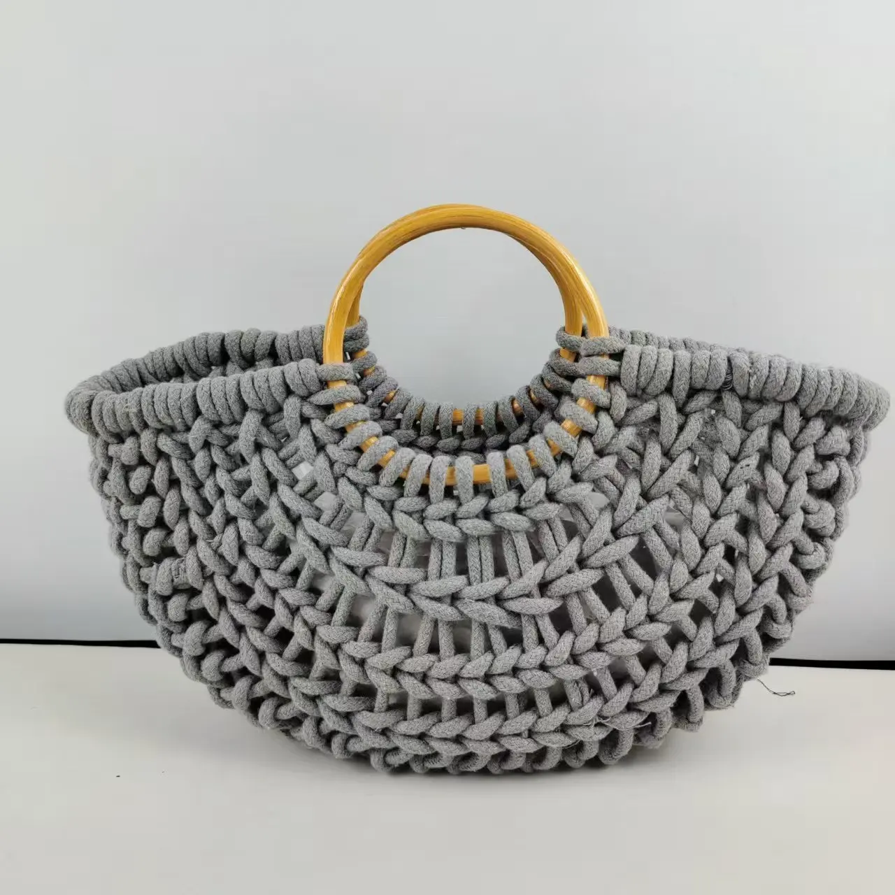 Cotton thread rope wood Bag Women Hand-Woven Handbag Moon Shape Rattan Bag Drawstring Casual Beach Shoulder Crossbody Bag