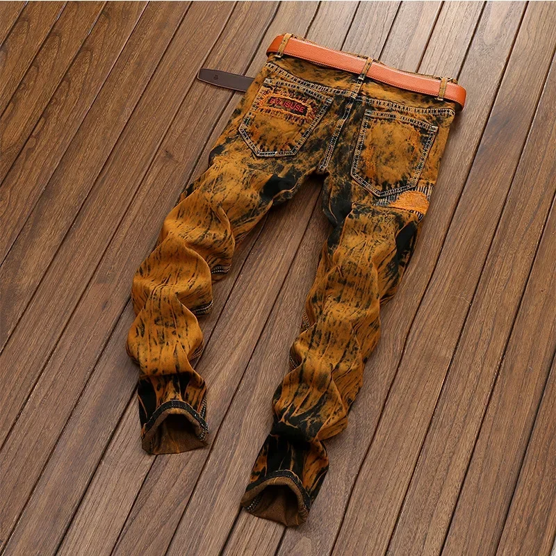 Autumn Men Orange Ripped Patchwork Jeans No Belt Personalized Fashion Vintage Denim Trousers Motorcycle Streetwear men jeans,ripped jeans,ripped patchwork jeans
