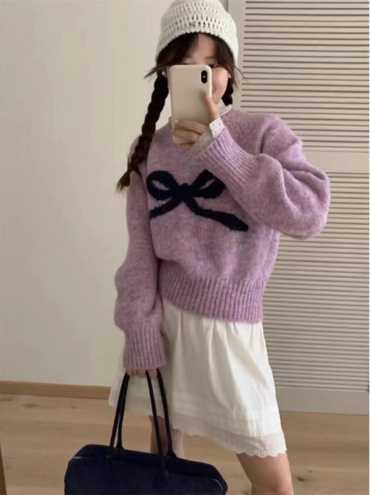 Sweet Spring Autumn Knitted Sweater Women's Overhead Long Sve  Knot Top Korean Sle Small Size Versatile Loose Fit