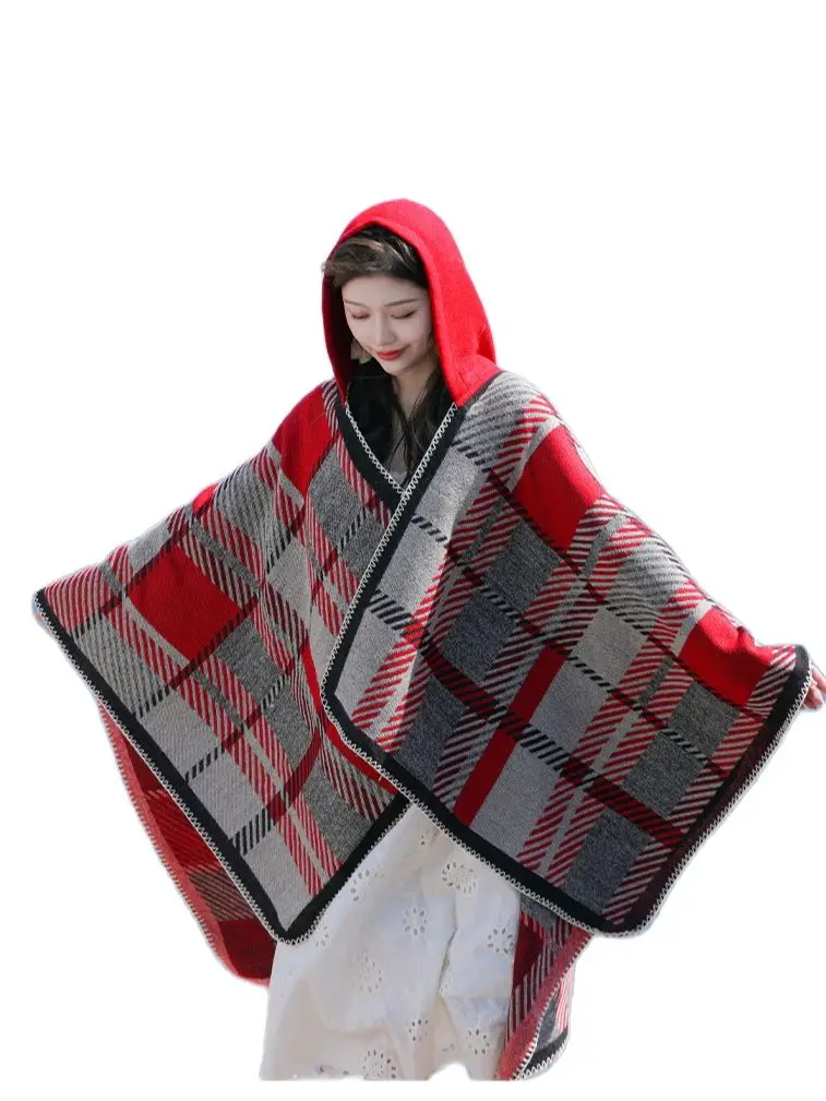 Poncho Woman Simple Plaid Shawl Autumn Winter Split Thermal Cape Hooded Outdoor Travel Cape Pashimina Poncho Feminino Inverno