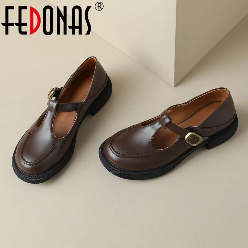 

Женские простые туфли-лодочки FEDONAS, разноцветные простые туфли на толстых каблуках с круглым носком и Т-образным ремешком в стиле ретро на весну и лето 2019