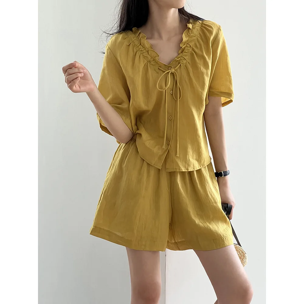 Women Clothing Set Korean Style Linen Fashion Suit 2024 Summer Lace-up V-neck Shirt and Shorts Solid Color Two-piece Set