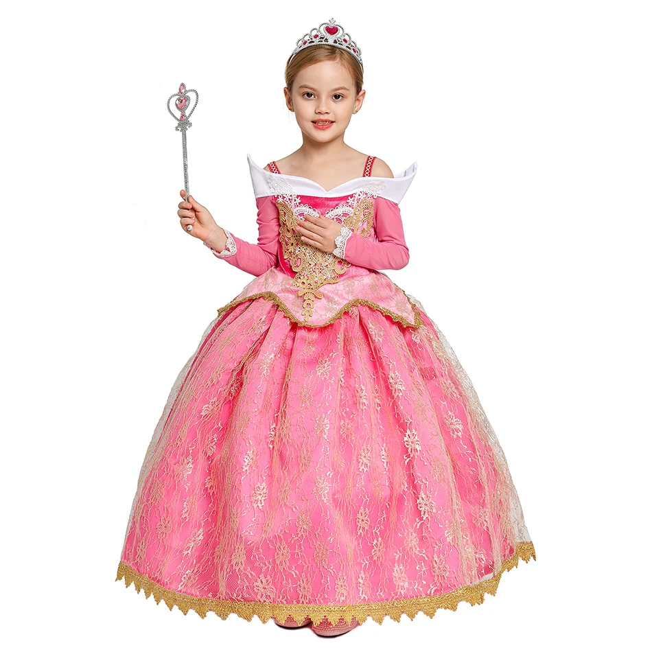 Girls Sleeping Beauty Aurora Princess Dress Long Sleeves Off Shoulder Lace Robe Kids Gorgeous Christmas Gift Fancy Party Outfits