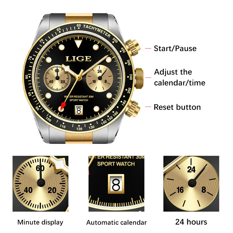 LIGE Luxury Gold Mens Quatz Watches Stainless Steel Chronograph Waterproof Wristwatch Date Lume Males Watch For Men 2024 NEW