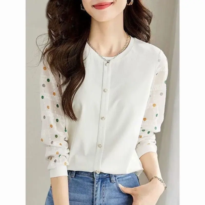 

Spring Top Women Colorful Polka Dot Long Sleeve Shirt Women 2023 French O Neck Texture Knitted Panel Chiffon Blouse Female