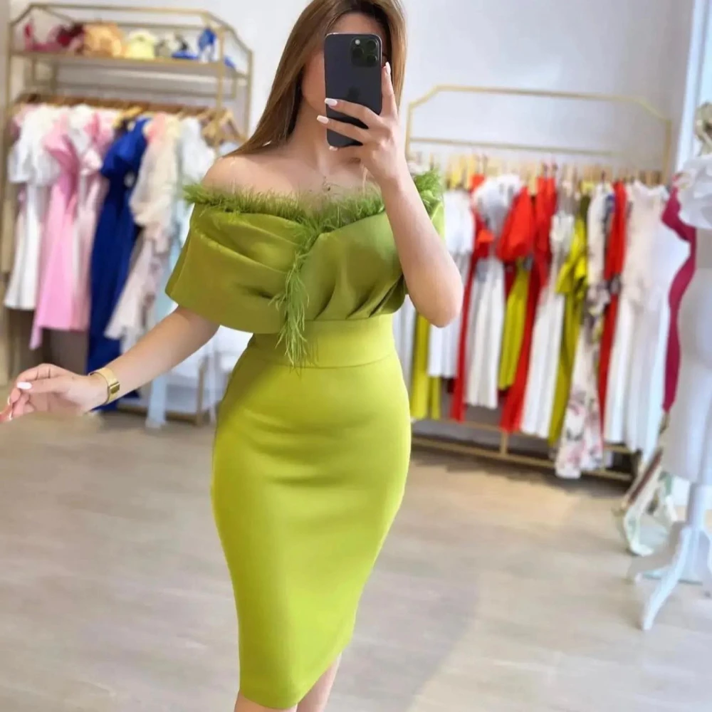 

Carolina Off the Shoulder Feathers Evening Dresses Green Tea Length Mermaid Zipper Satin Robe De Mariée Party Gown For Women