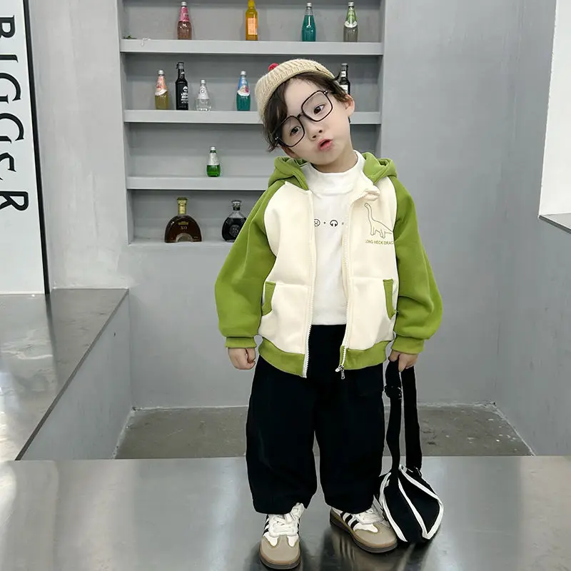 

Boys' Fleece-Lined Jacket Spring and Autumn New Baby Hoodie Children's Casual Zip-up Shirt Outerwear