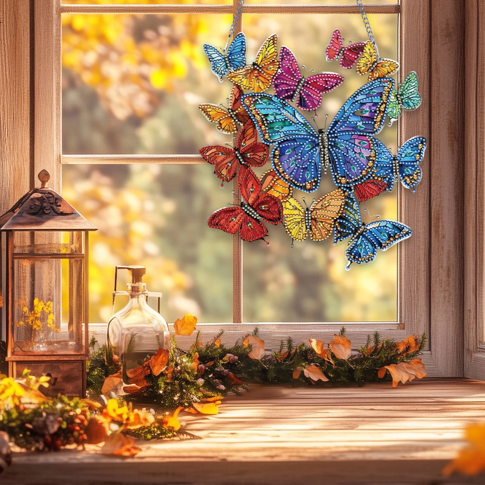 2D Flat DIY Diamond Art Pendant Double-Sided Printed Single-Side Drill Diamond Painting Set Window Hanging Art for Home Decor