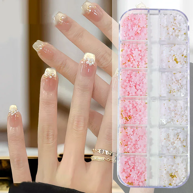 12/15 Grids 3D Colorful Resin Five-Petal Flower Nail Charms Luxury Rhinestones DIY Manicure Salon Accessories