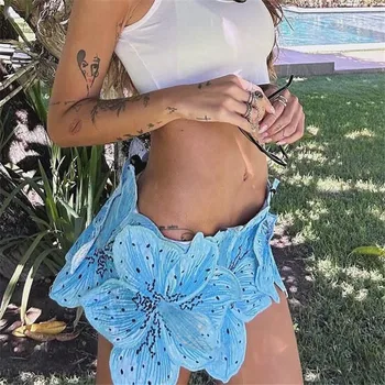 Women's Summer Turquoise Mini Skirt 3D Textured Floral Petal Design Casual Slim Fit Low Rise Short Skirt Summer Y2K Streetwear 1