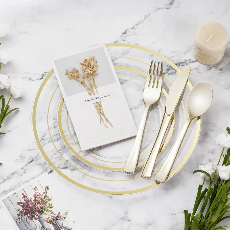 600PCS Plastic Plate Set (100 Guests ) Disposable Dinnerware Set of 200 Plastic Plates, 200 Forks, 100 Spoons, 100 Knives
