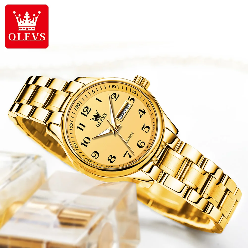 OLEVS Brand Luxury Gold Quartz Watch for Womens Stainless Steel Waterproof Week Date Elegant Women Dress Watch Reloj Hombre