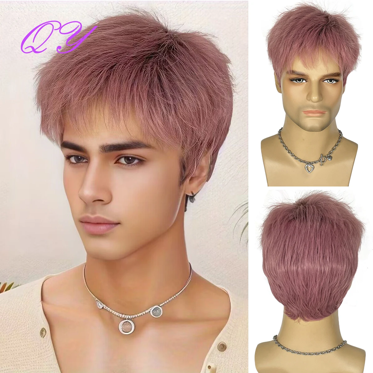 Synthetic Men Wig Short Pink Natural Straight With Bangs Cosplay Or Party Good Quality Adjustable Size Man Hair