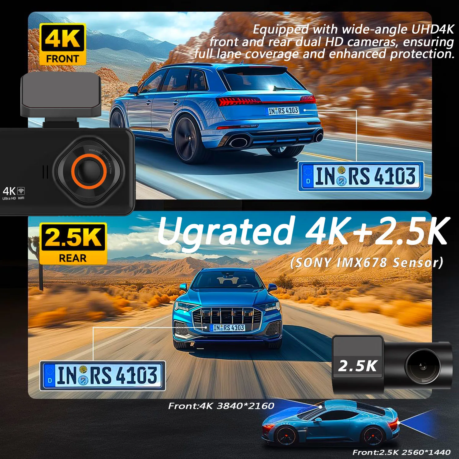 Dual Lens 4K+2.5K Dash Cam Recording Car Camera DVR WDR Night Vision Video Recorder Built In WiFi GPS Black Box Rear View Camera