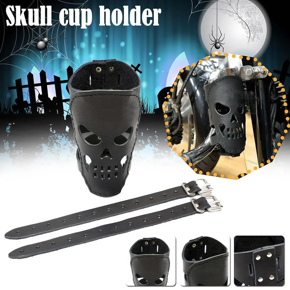

1 Set Car Motorcycle Biker Custom Leather Cup Drink Can Bracket Bottle Holder With A Laser Cut Skull Universal Halloween Decor