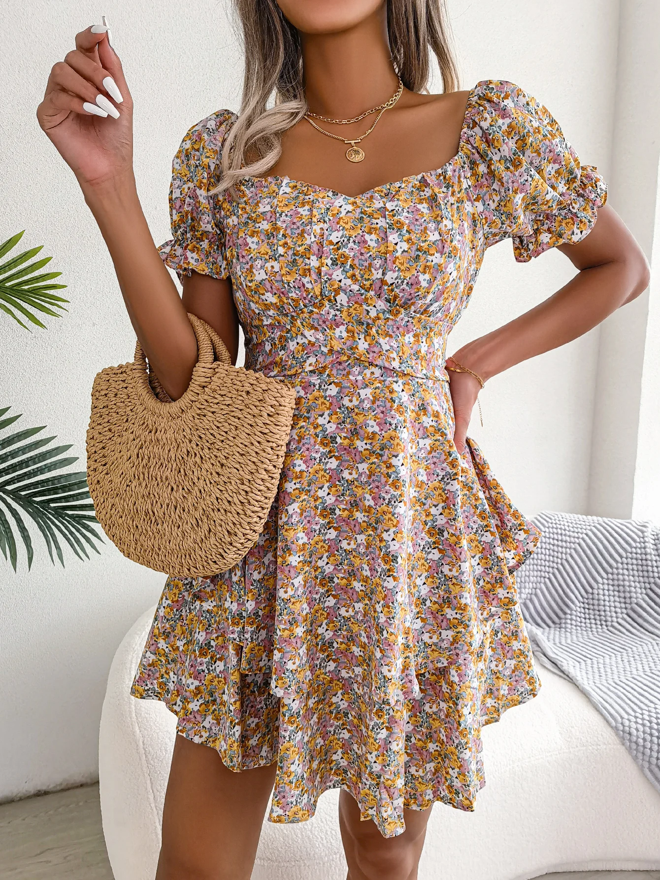 Floral Print Puff Short Sleeve Dress for Women