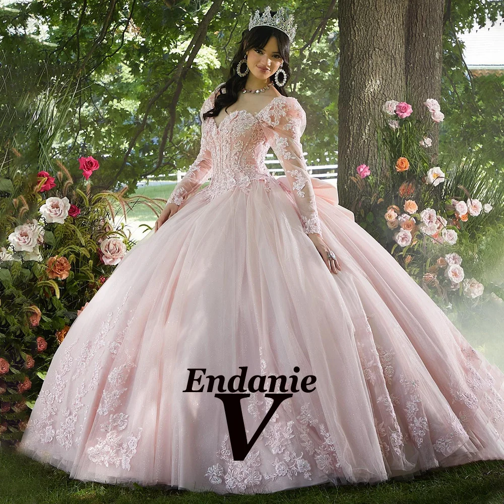 Vendanie Modern Ball Gown Quinceanera Dresses Appliques Fll Sleeves Rhinestones Floor Length Draped Vestidos De 15 Customized