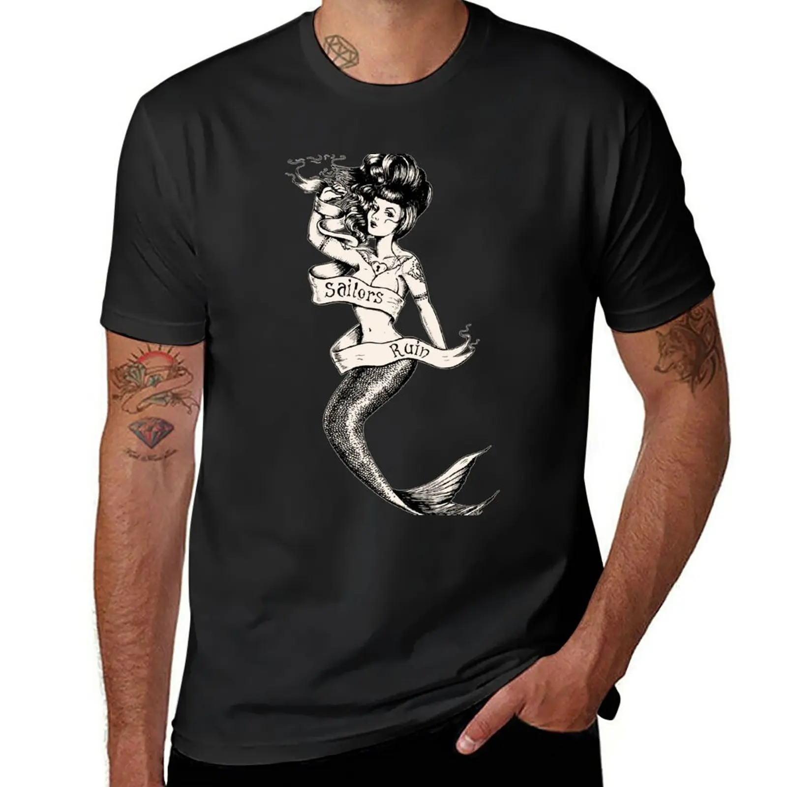 

Sailors Ruin, Vintage mermaid tattoo style T-Shirt korean fashion oversized cute clothes customizeds mens white t shirts