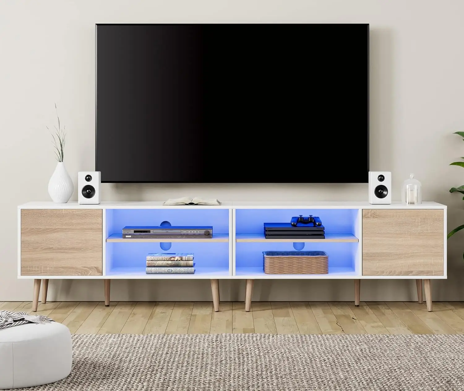 

LED Mid Century Modern TV Stand for up to 85 inch 2 in 1 Entertainment Center TV Console with Storage Cabinets Media Console