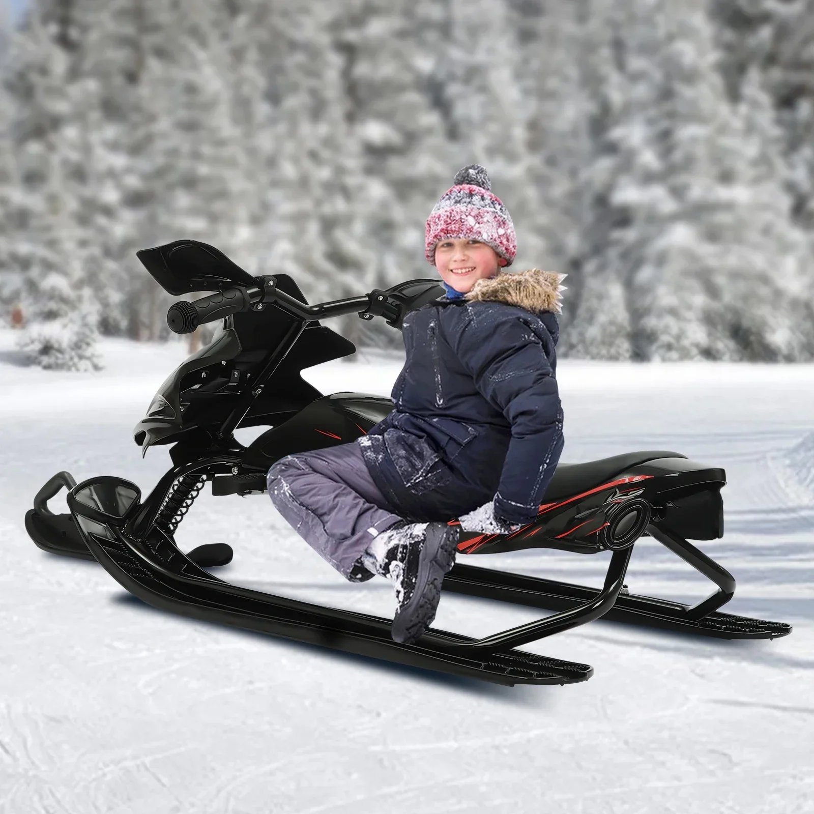 1,2 mm Stahl-3-Skis-Schneeschlitten für Kinder über 3 Jahre – 80 kg Tragfähigkeit, verstellbares PU-Kissen, Wintersportausrüstung mit Bremse – Detail 6