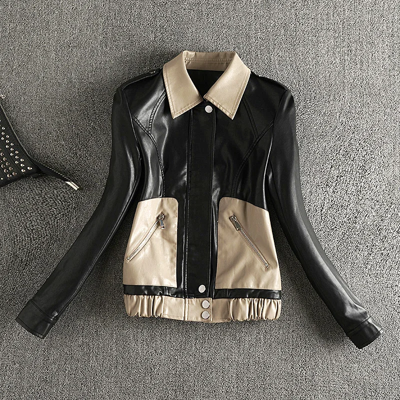 

Sheepskin Coat Women's Moto Biker Zipper Jacket Bomber 2023 New Spring Colorblock Short Leather Jackets Female Fashion Overcoat