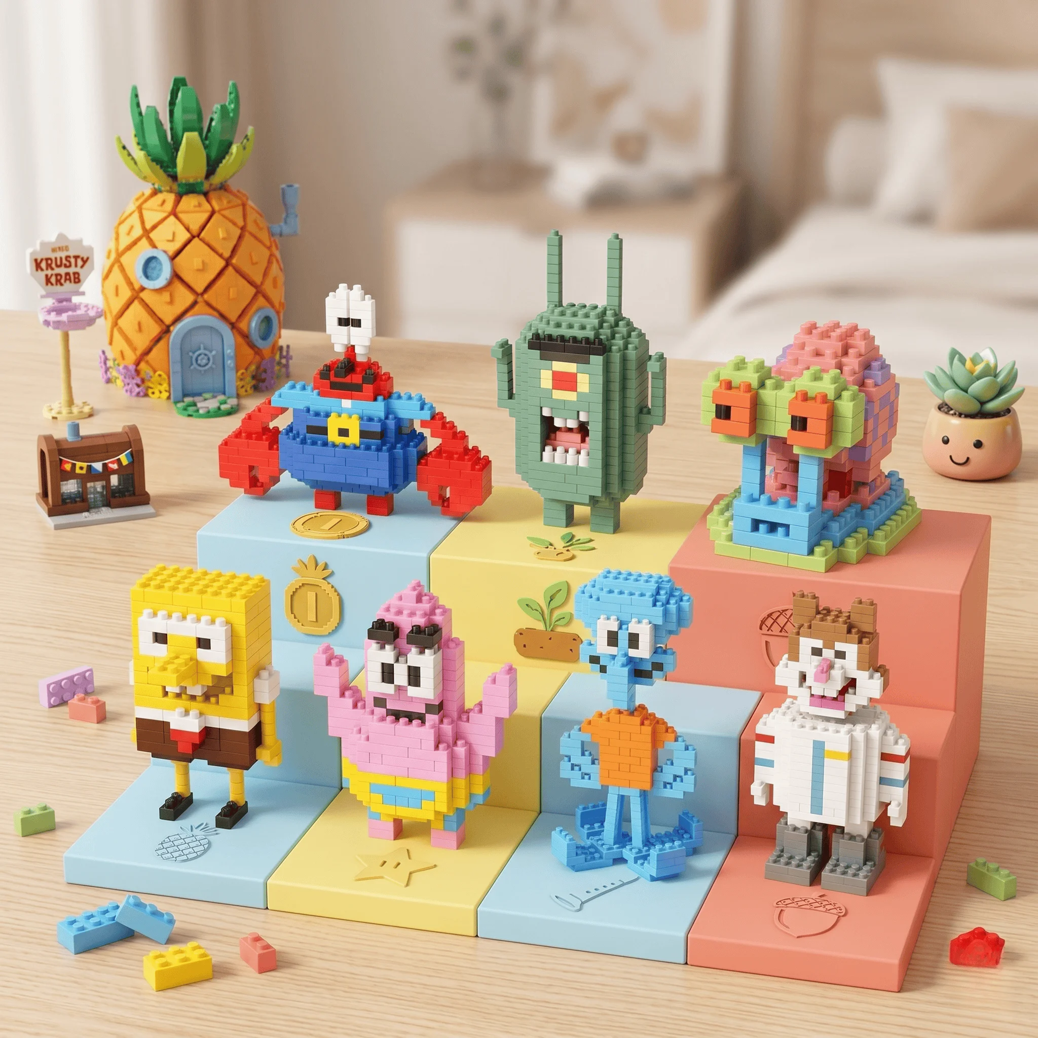 Gelber Schwamm Cartoon Oktopus Krabbe Mini-Baustein-Set - DIY Anime-Charakter Ziegelstein-Modell für Desktop-Dekoration Geschenk