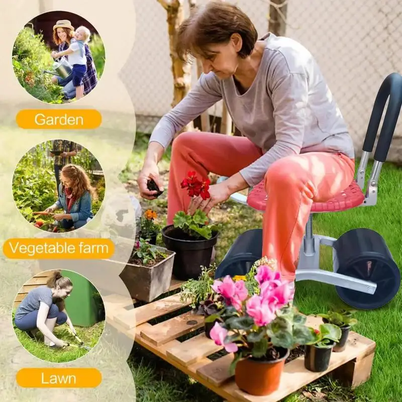 Garden Cart with Seat Mobile Garden Workseat Adjustable Height Duty Rolling Weeding Stool Stool Foldable Chair