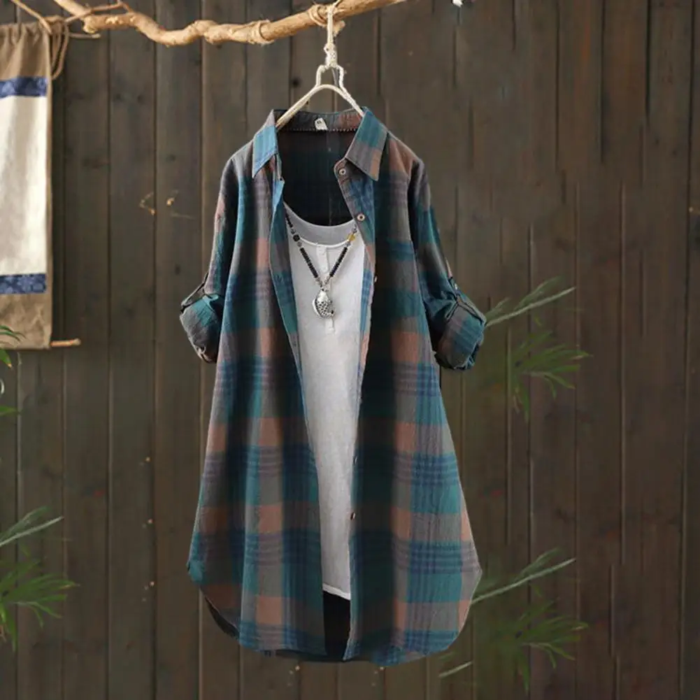 

Women Spring Fall Long Shirt Plaid Print Color Matching Lapel Mid Length Patch Pocket Single-breasted Long Sleeve Buttons Blouse