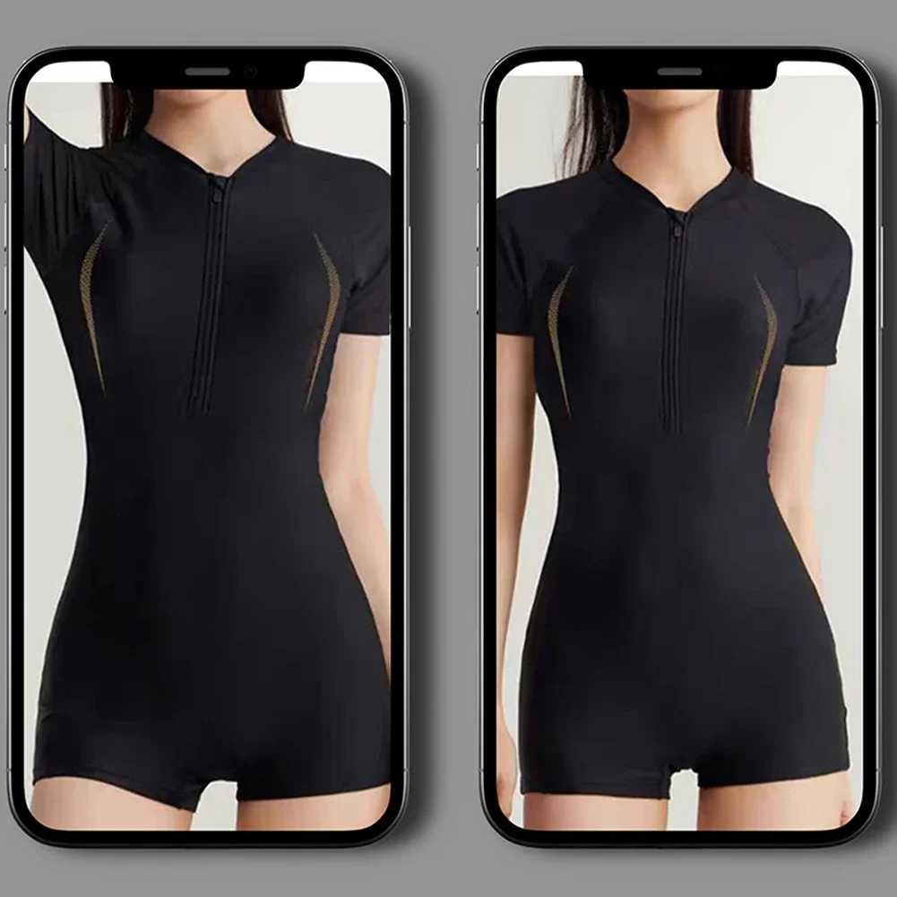 Female Summer One-piece Solid Color Patchwork Flat Angle Short Sleeved Zippered Swimsuit Sun Protection Quick-Drying Swimwear