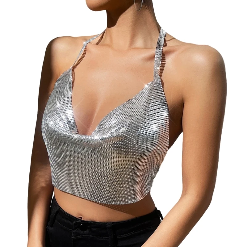 KIKI Top corto con lentejuelas brillantes para mujer, camiseta sin mangas con tirantes finos, Top tubo, ropa para fiestas y