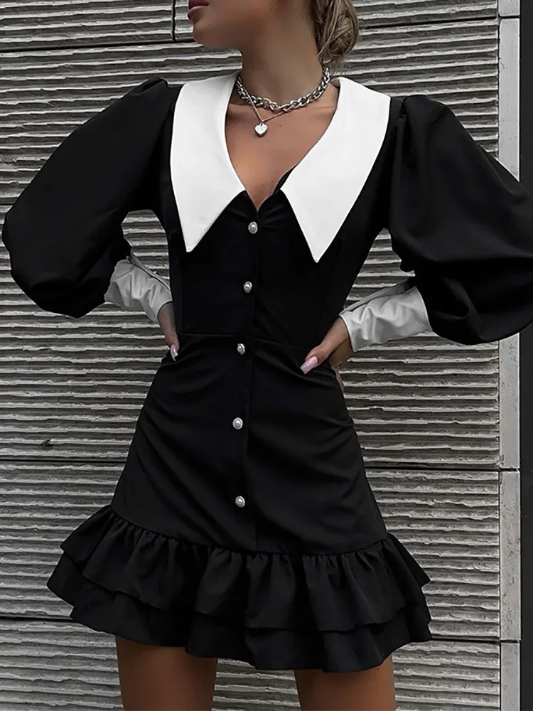 

V-Neck Holiday Slim Fashion Party Dress, 2023 Women Spring Autumn Lantern Sleeve Mini Dress, Black Zipper Patchwork Ladies Dress