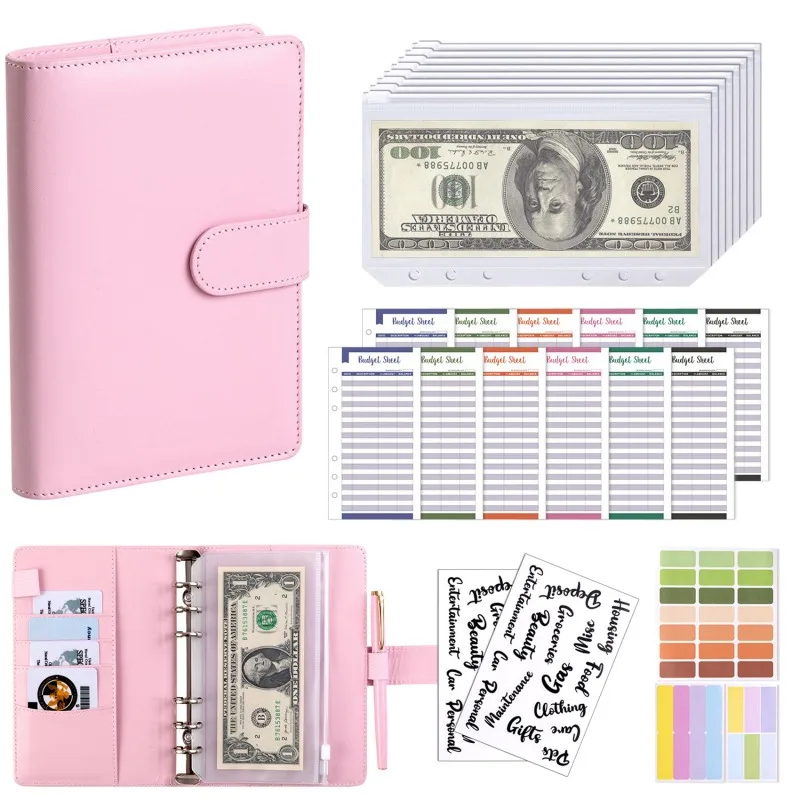 PU Leather A6 Budget Binder with Cash Envelope Pockets & Zipper