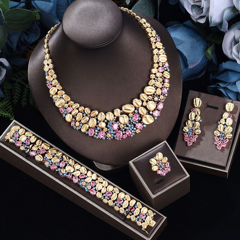 

Luxury Pink Purple Zirconia Wedding Jewelry Sets Women Gold Plated Dubai Nigerian 4 Pieces Bridal Jewelry for Party