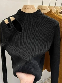 سترة نسائية محبوكة مجوفة لعام 2025 بلوفرات مضلعة للخريف والشتاء سترات نسائية أساسية ذات ياقة مدورة تناسب القمم الدافئة الناعمة 5