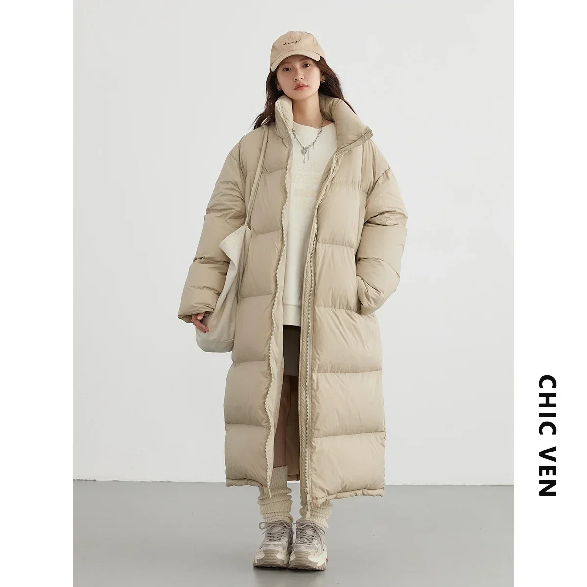 CHIC VEN Women Down Coats New Long Thick Warm Down Jackets Overcoat White Duck Down Loose Casual Jacket Autumn Winter 2023 6