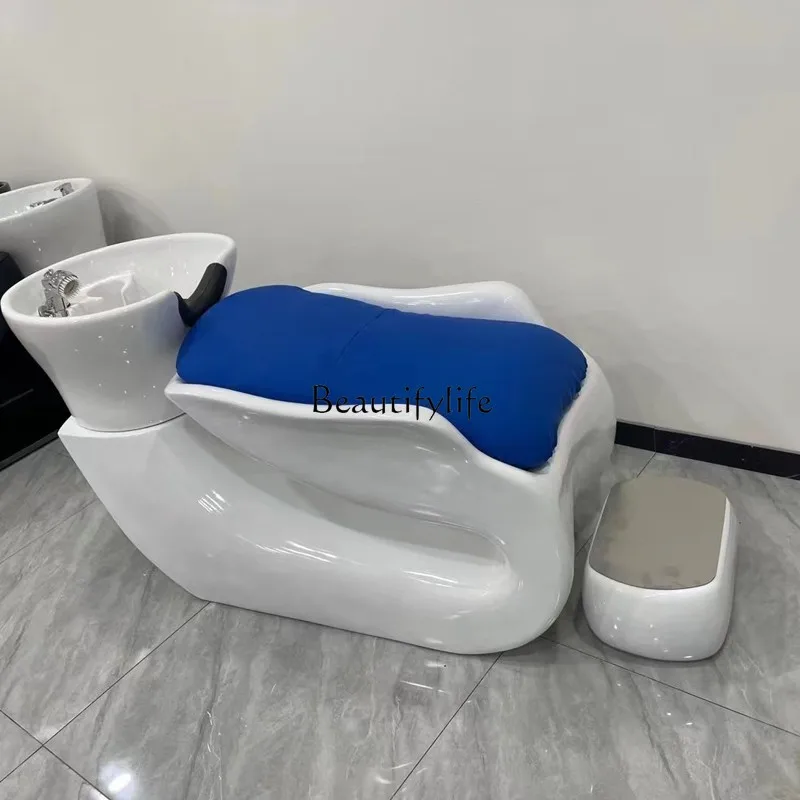 Ceramic Basin Shampoo Chair for Hair Salon Lying Half Punch Bed Silicone Headrest